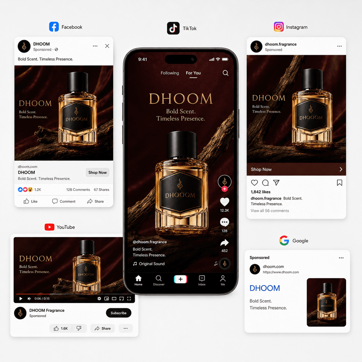 DEX AI perfume ads across Facebook, TikTok, Instagram, YouTube, and Google